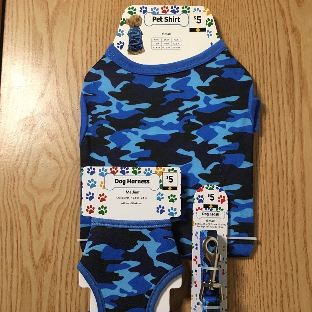 New Bundle of 3 Doggie Camo Harness 16.5”-23” Leash 48” Long & T-shirt 12”x16”